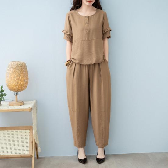 Женский комплект из хлопка и льна, повседневный комплект из 2 предметов: топ с короткими рукавами, круглым вырезом и длинными брюками с карманами, летний свободный домашний костюм