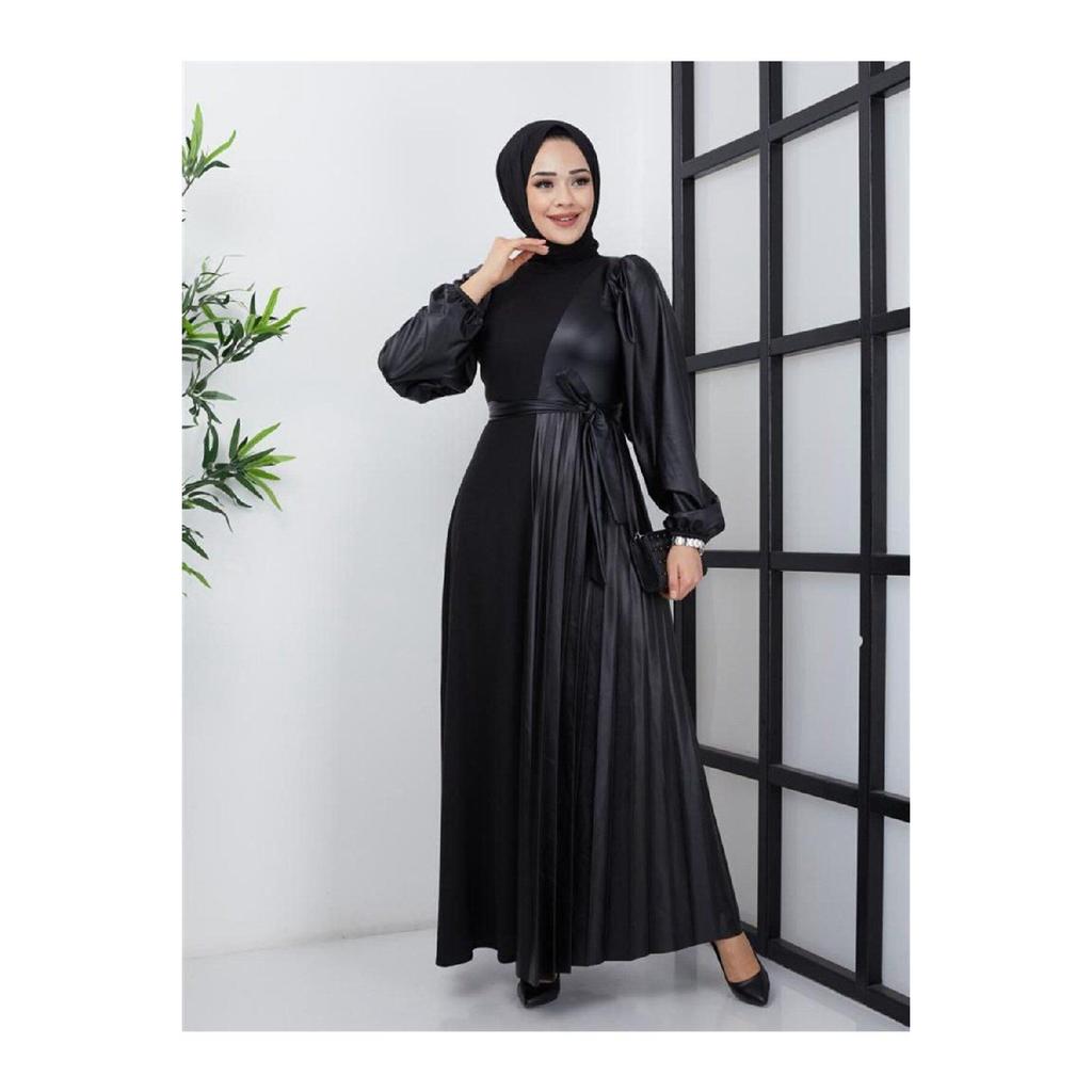 Женское базовое скромное стильное сезонное зимнее кожаное платье-хиджаб Brmck с украшением