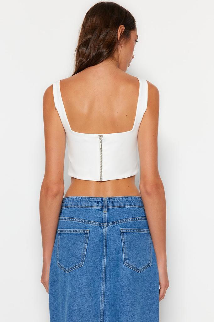 Women's Fashion New Blouse Ecru Strappy Corset Woven Blouse