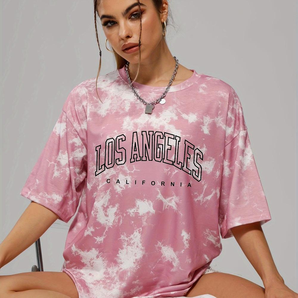 Женская модная футболка с узором «Tie Dyed Letter Pattern», летняя повседневная одежда с круглым вырезом и короткими рукавами, женская праздничная футболка