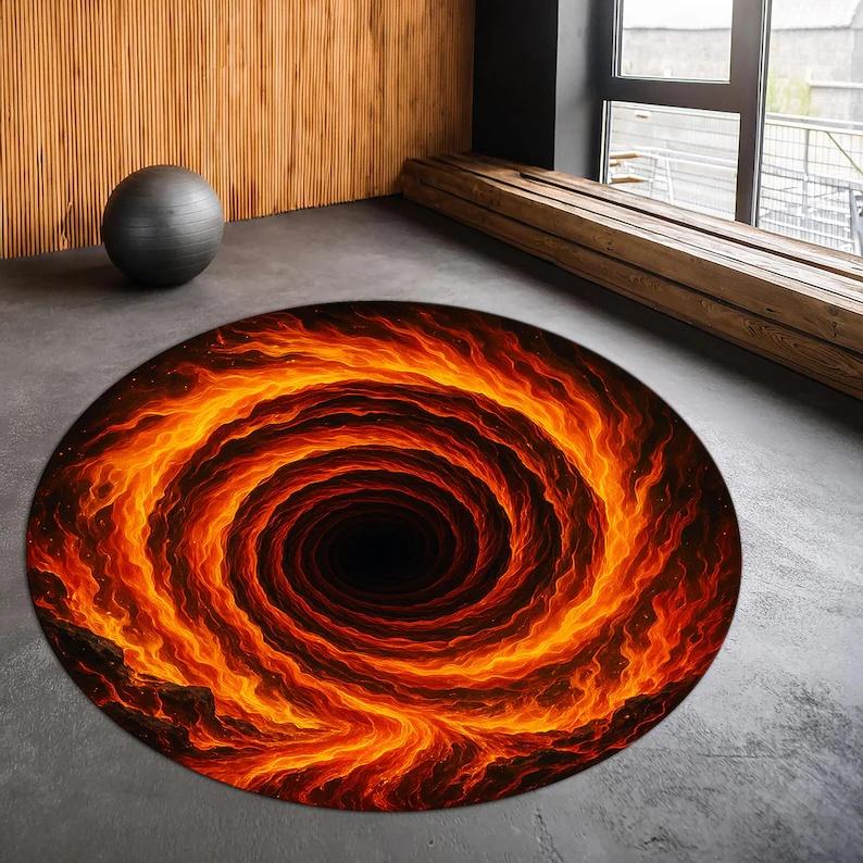 Tappeto rotondo unico con flusso di lava illusione 3D con motivo a fulmine elettrico Tappeto da soggiorno moderno con bordo in roccia