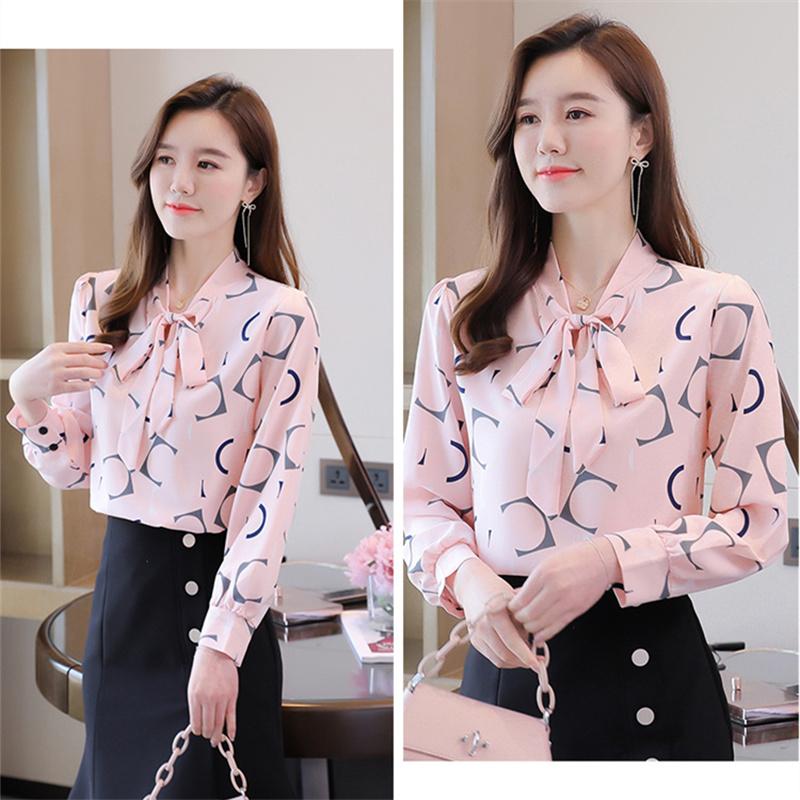 M-4XL женские весенне-летние стильные шифоновые блузки, рубашки, женские повседневные блузки с длинными рукавами и галстуком-бабочкой, воротник с принтом, топы