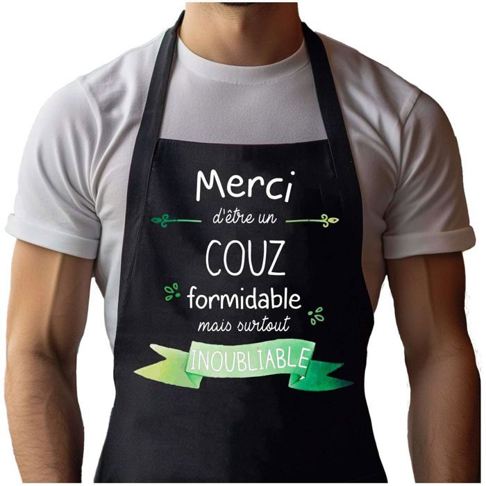Tablier de cuisine - Merci Couz Inoubliable Homme - Coton noir - Impression bretonne - Fabriqué en France