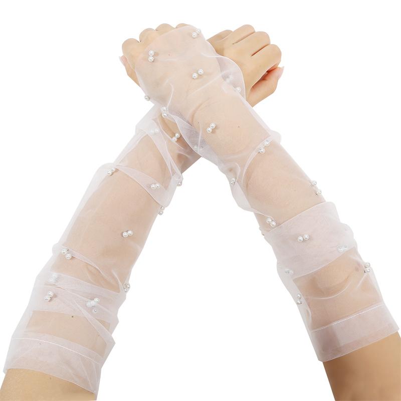 White Tulle Gloves Wedding Pearl Long Bridal Sheer Sleeves Elbow Length Lace Fingerless Gloves Mesh Dress Arm Gloves for Brides Costume Dance Party