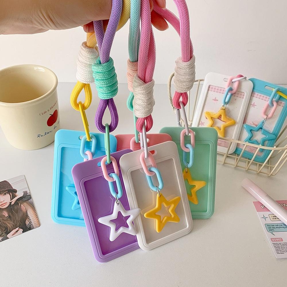 1Pc Cartoon Star Card Holder Candy Color ID Card Sleeve Keychain Hand Rope Identity Credit Cover Case Bank Bus Card Case