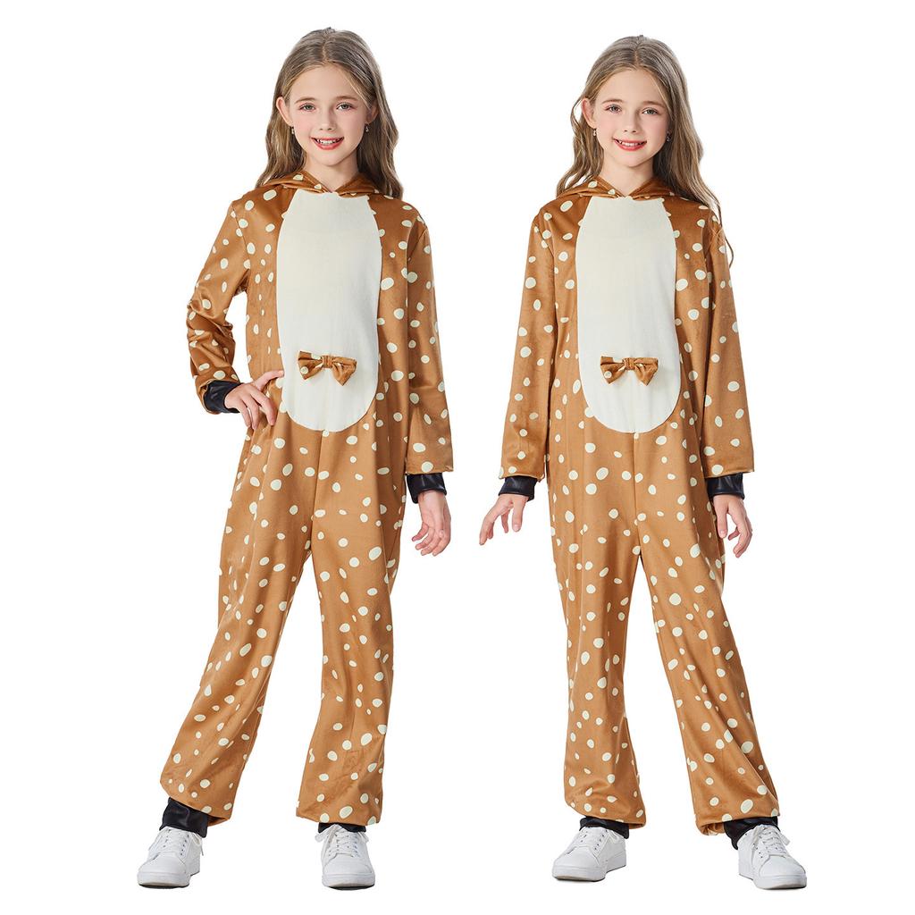 Kids Girls Sika Deer Elk Christmas Reindeer Hooded Jumpsuit Children Halloween Role Play Cosplay Costumes