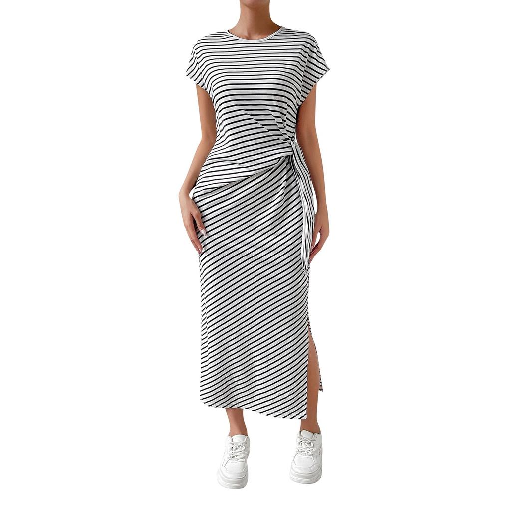Женское модное платье с круглым вырезом в полоску, короткими рукавами, облегающим кроем и разрезом для похудения