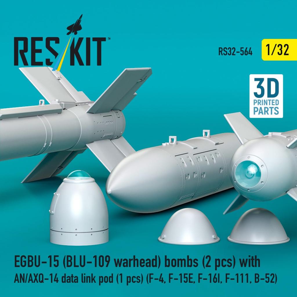 Reskit Guided Bombs with Data Link Pod Plastic Model Kit Parts 1/32 EGBU-15 (2 pieces) AN-AXQ-14 (1 piece) RSK32-0564 (Airplane)