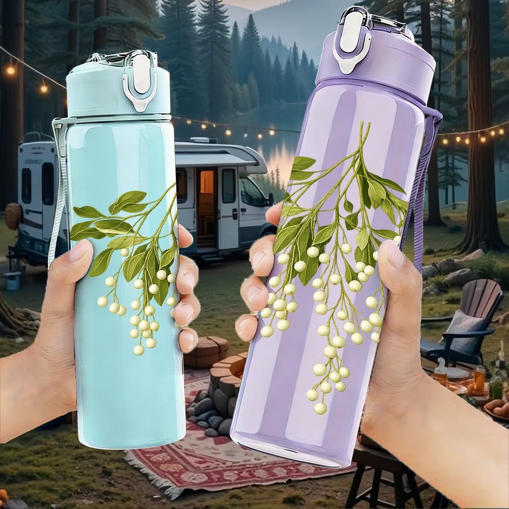1PC White Mistletoe Branch Floral Print 750ml Color Plastic Sports Water Bottle Leakproof Flip Straw Lid Suitable for Sports Office Home Use