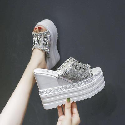 Летние босоножки на танкетке на высоком каблуке со стразами и кристаллами на высоком каблуке, женская обувь, женские шлепанцы на платформе