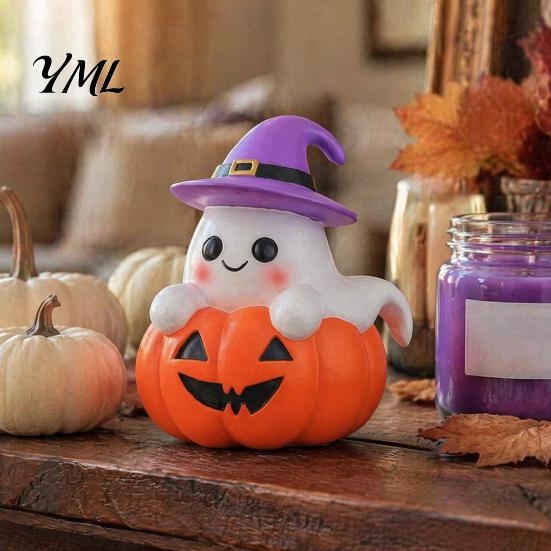 Autumn Seasonal Decorations Halloween Ghost Figurine, Cute Spooky on Pumpkin Decoration, Resin Small Festive Crafts Tabletop Ornament with Witch