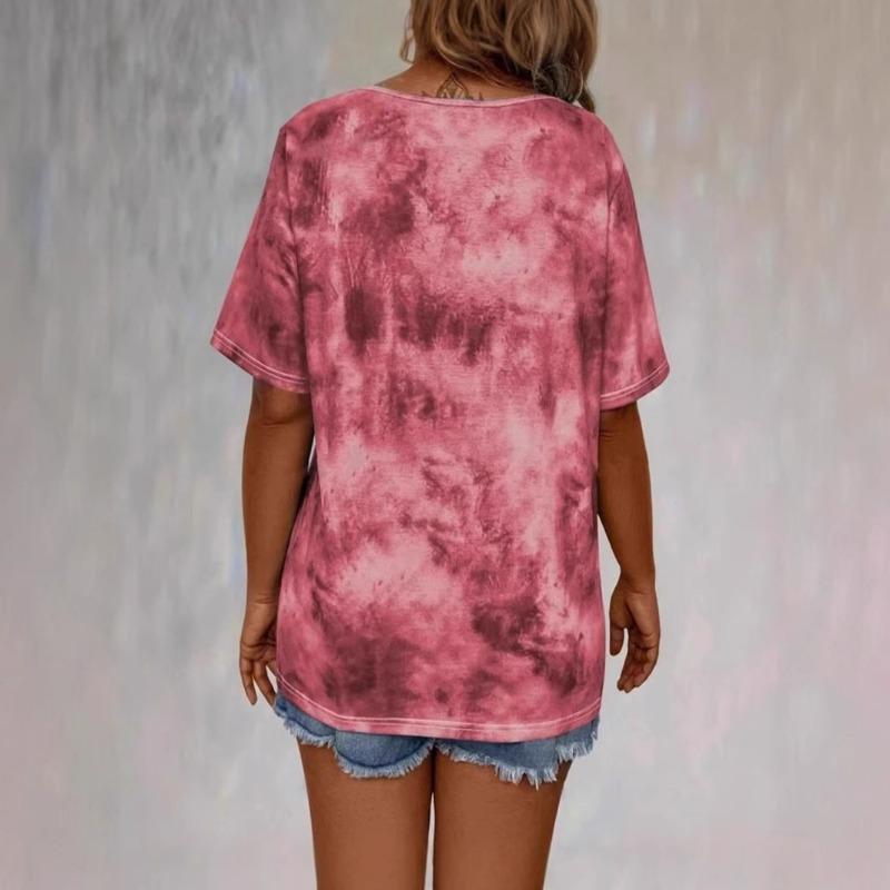 Женская розовая футболка с tie-dye, шнуровкой, V-образным вырезом, короткими рукавами, повседневная, свободного кроя