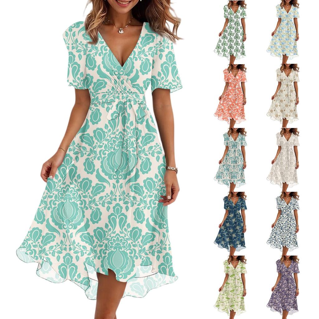 Женский летний повседневный сарафан миди с цветочным принтом, запахом, V-образным вырезом, оборками, капюшоном, короткими рукавами, поясом, А-силуэта, с оборкой по подолу