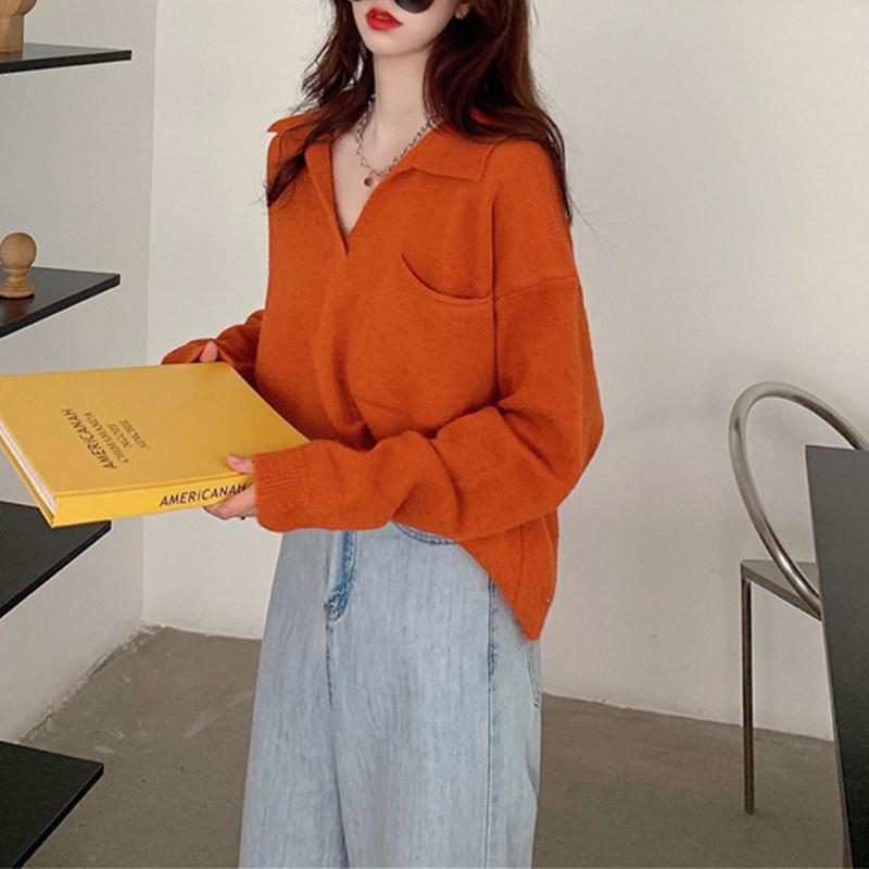 Hirsionsan Cropped Loose Solid V-neck Knitted Pullover Sweaters Women New Korean Causal Retro Sweaters Minimalist Long Sleeve Jumpers