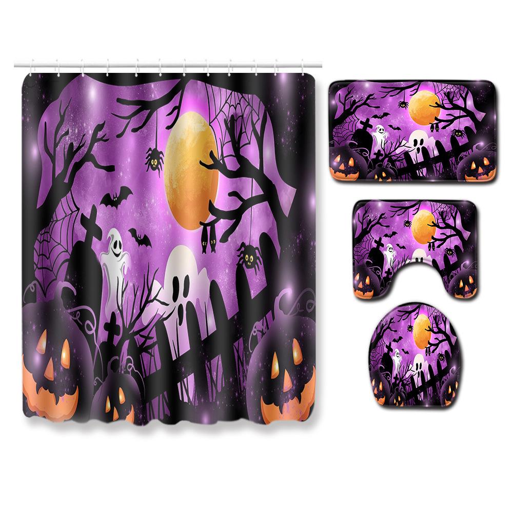 Halloween Shower Curtain Floor Mat Combination Four-Piece Set Bathroom Toilet Carpet Shower Room Foot Mat