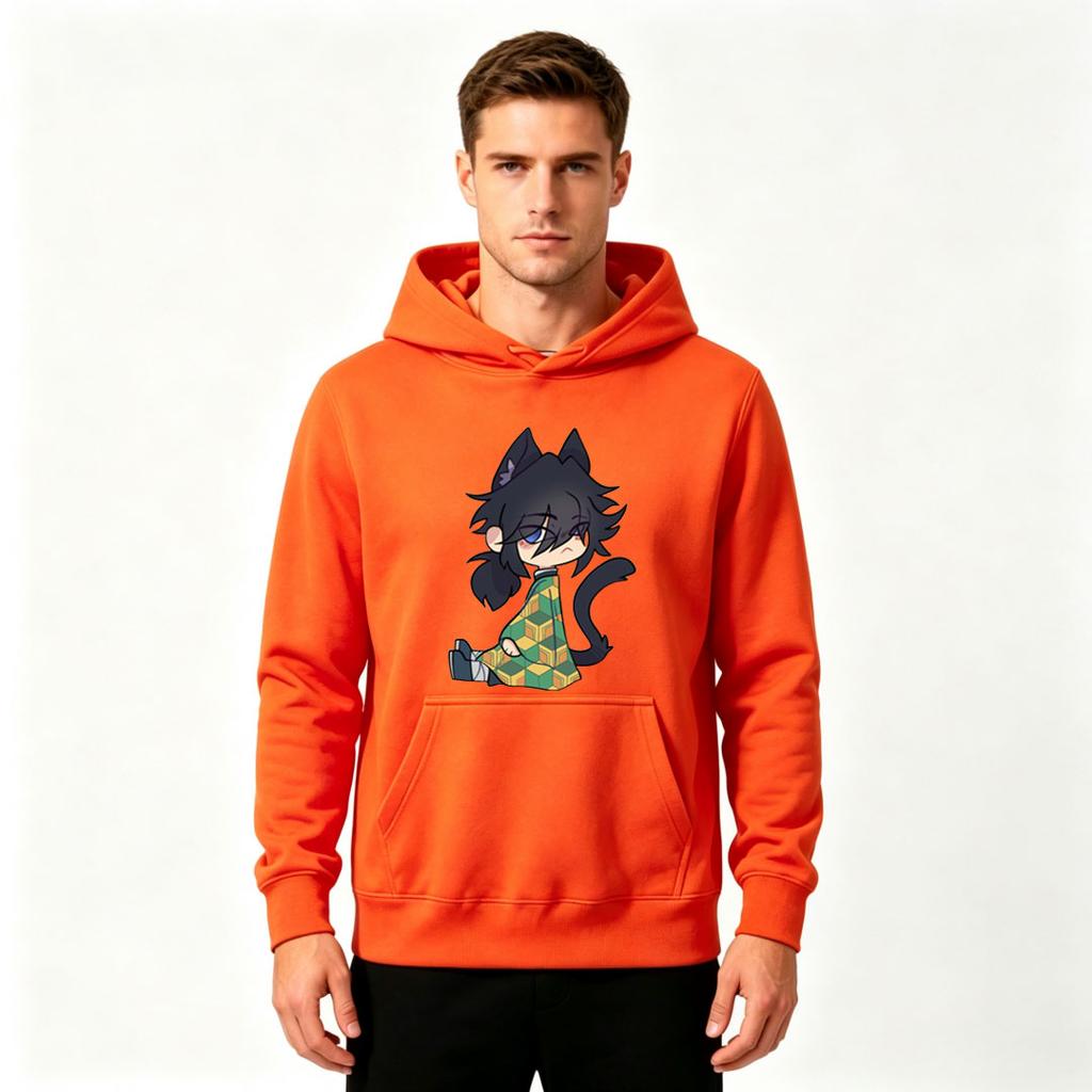 Men's Cat Ear Tomioka Print Casual Pullover Hoodie, Adult Long Sleeve Cozy Sweatshirt For Daily Wear
