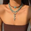 European and American Jewelry Retro Imitation Turquoise Sweater Chain Niche Beaded Necklace Set Ethnic Style Cactus Necklace Decoration