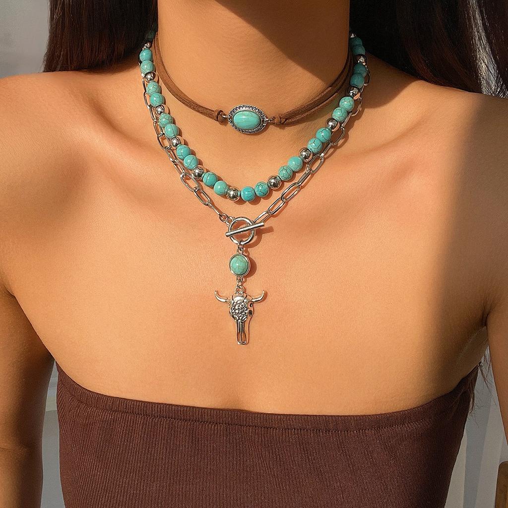 European and American Jewelry Retro Imitation Turquoise Sweater Chain Niche Beaded Necklace Set Ethnic Style Cactus Necklace Decoration