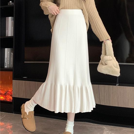 Женская трикотажная юбка с высокой талией, однотонная плиссированная юбка с оборками и швами по низу, юбка с запахом на бедрах, осенне-зимняя юбка миди