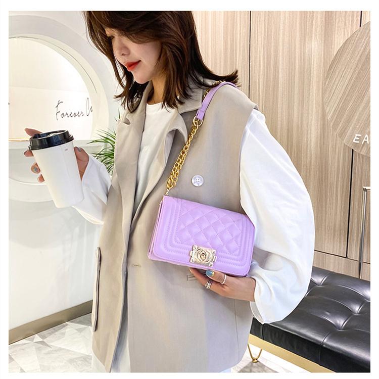 Women Solid Color Lock Buckle Lingge Square Crossbody Bag Leisure PU Chain Inclined Shoulder Bags Adjustable Band Strap