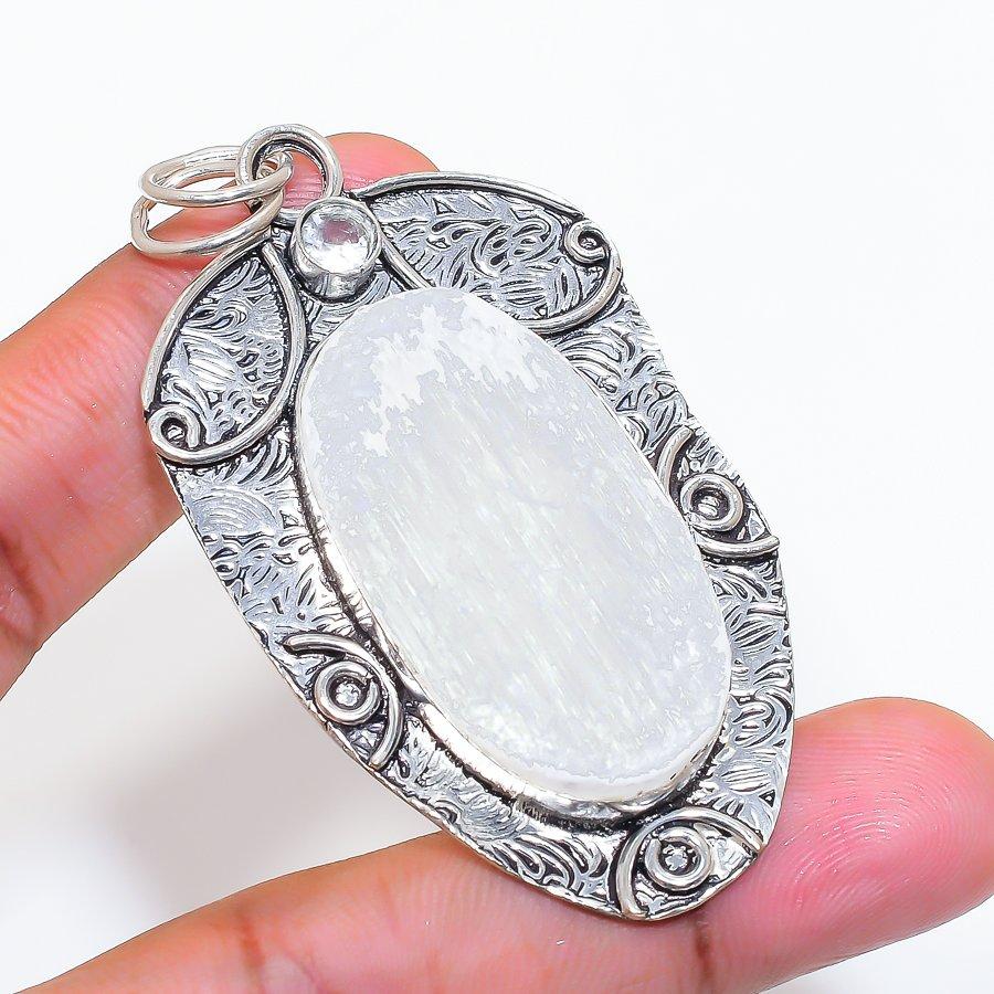 Natural Selenite, Topaz Gemstone 925 Sterling Silver Jewelry Pendant 2.76" ZS-587