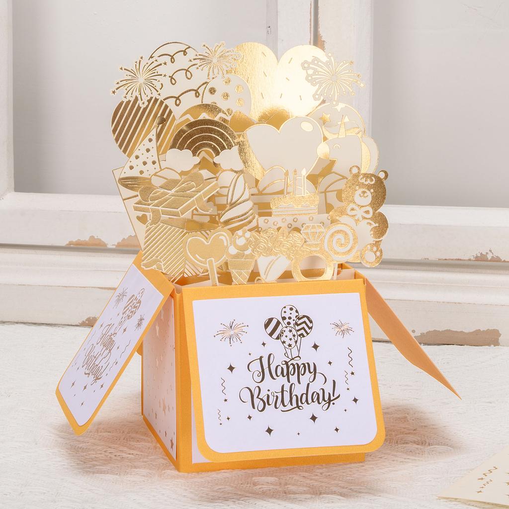 3D Pop Up Birthday Box Card Handmade Paper Art Creative Greeting Card with Envelope Gold Glitter Foldable Birthday Gift for Friends Family