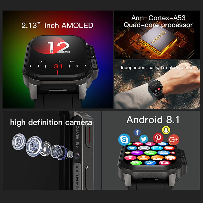 AMOLED экран 2.1 подключаемый GPS упражнения кислород крови HRV мониторинг сердечного ритма 4G телефон часы