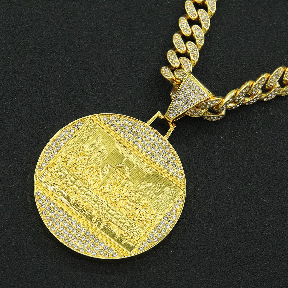 Подвеска на кубинской цепочке с большим круглым брендом, инкрустированная бриллиантами, ожерелье в стиле хипстер-панк, преувеличенно властная, крутая подвеска для аксессуаров