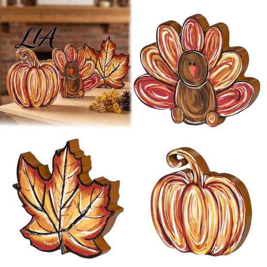 Autumn Harvest Table Decorations 3Pcs Thanksgiving Wooden Block Signs, Fall Pumpkin Turkey Maple Leaf Tabletop Display Ornaments Decor, Farmhouse