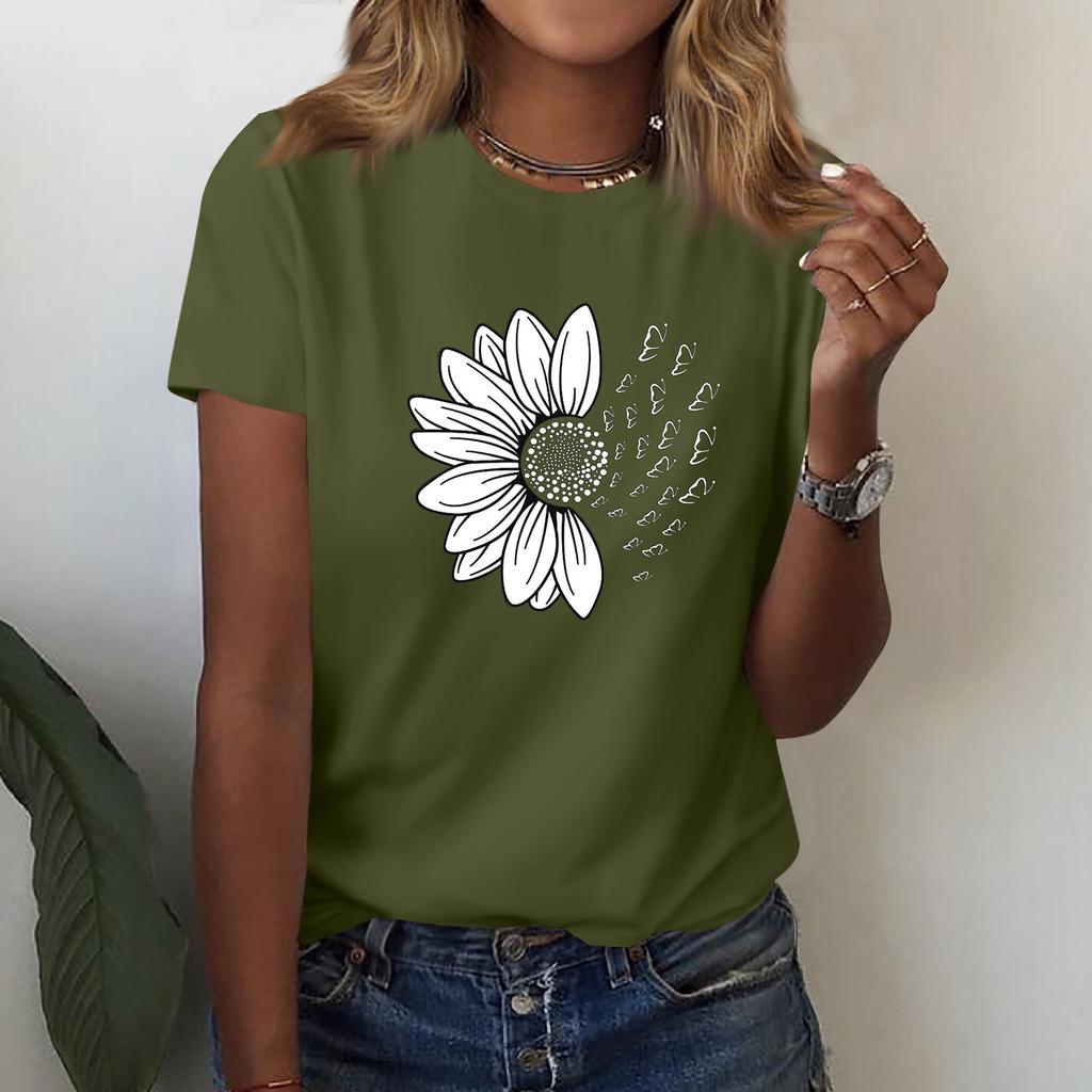 Женская рубашка с короткими рукавами, v-образный вырез, модная футболка с принтом подсолнухов, повседневный топ, топ с короткими рукавами длиной до плеч