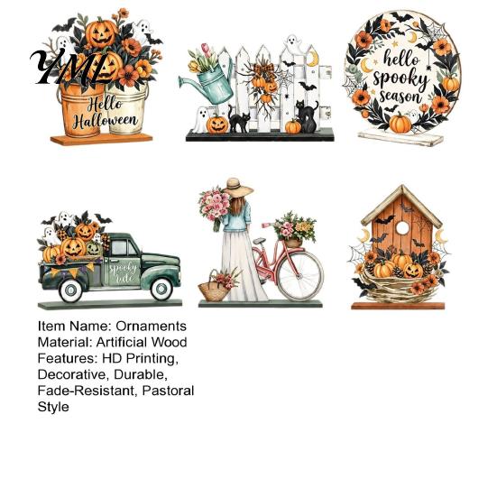Unique Halloween Gift Ideas 6Pcs Decors, Hello Table Topper Signs, Spooky Pumpkin Ghost Truck Decorative Wood Signs Tiered Tray Centerpiece, Farmhouse