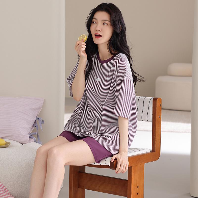 Pajamas Women's Summer Cotton Short Sleeve Shorts Fashion Stripes Slack Women's Casual Thin Loungewear