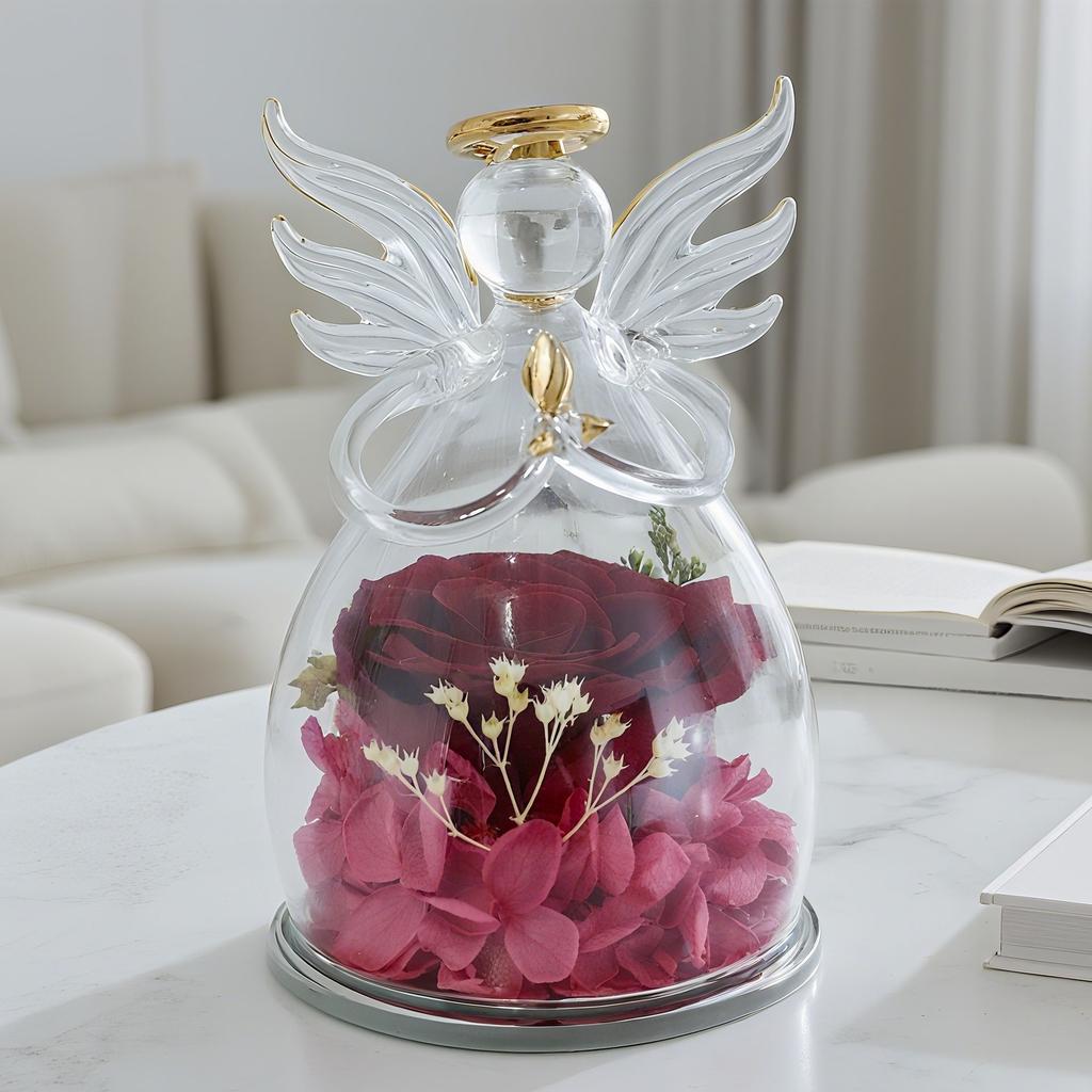 Glass cover eternal flower, little angel eternal rose, Christmas and Valentine's Day gift glass cover ornament