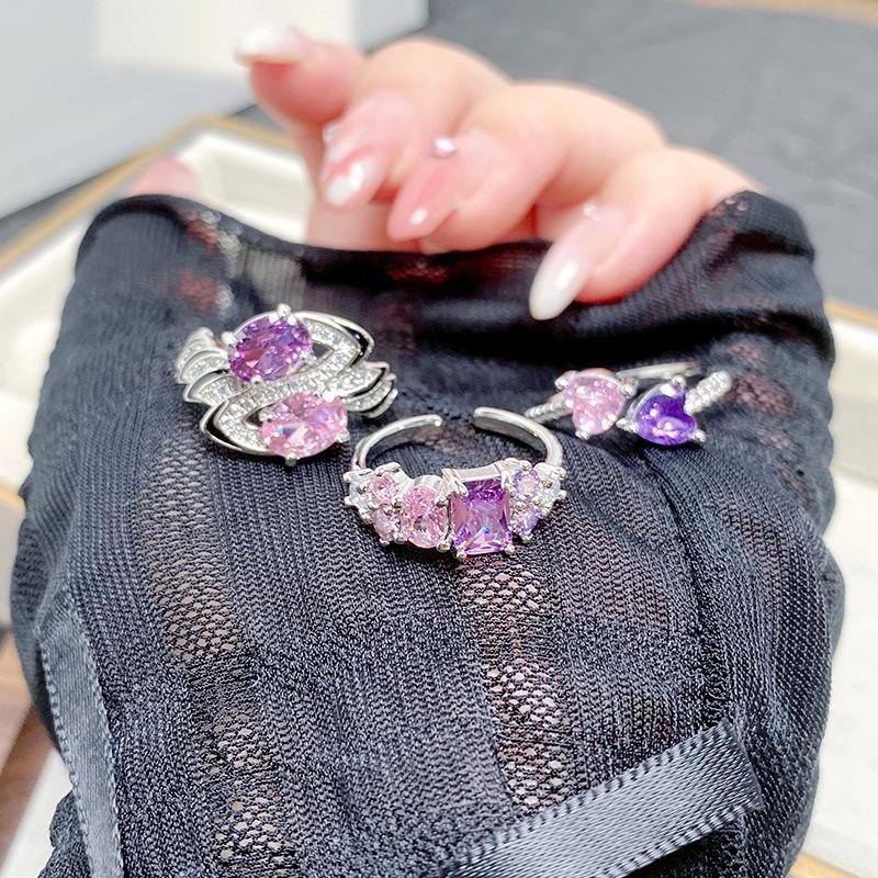 [Любовь двойного кристалла] Розово-фиолетовое кольцо с полным покрытием цирконами, нишевое, легкая роскошь, высококачественное, сладкое сокровище, кольцо для девушки