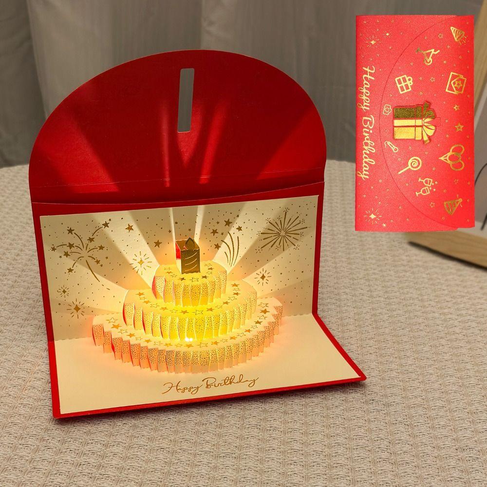 3D Pop-Up Красный Конверт-Открытка на День Рождения Может Вместить 1-20 Банкнот Складная Музыкальная Открытка со Светом Золотая Обложка с Золотым Тиснением