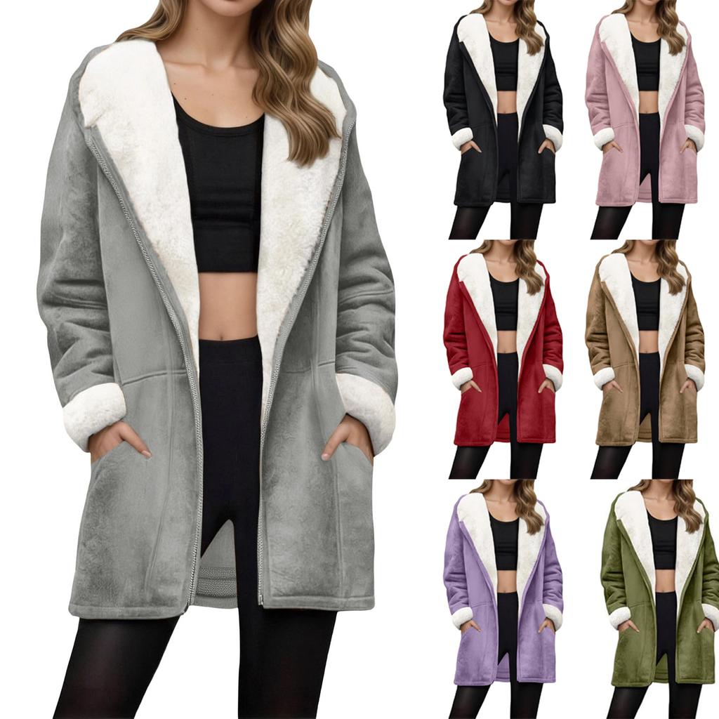Women's Fashionable Coat Solid Color Long Sleeved Pocket Loose Hooded Zipper Plush Jacket