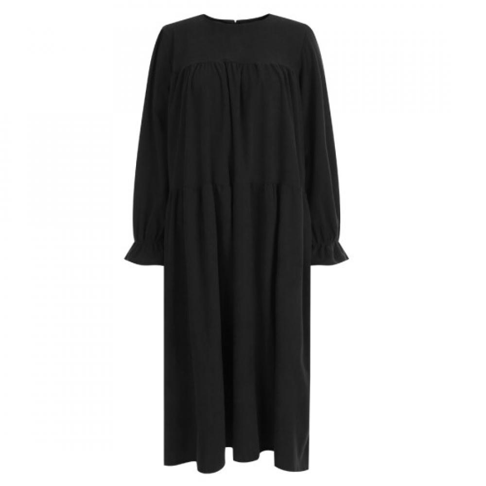 Shop Women Round Neck 3 Tier Suede Corduroy Long Dress Black Pic Wdr 20083