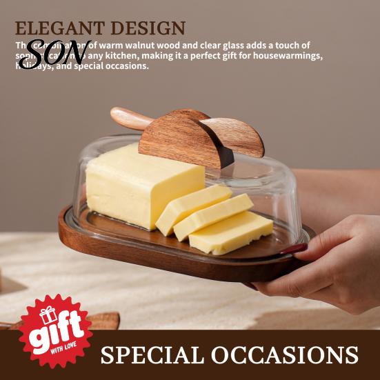 Rectangular Butter Server with Lid Wooden Dish Glass And Knife, Holder for Kitchen Keeper Wood Base Countertop & Refrigerator, Tray, Container, Cheese