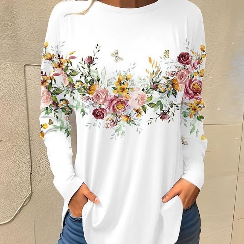 Женская футболка с круглым вырезом и длинными рукавами, модная повседневная футболка больших размеров для женщин