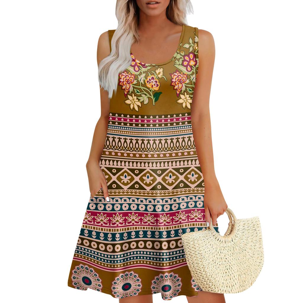 Women's Summer Casual U-shaped Tie Pocket Popular Floral Print Dress