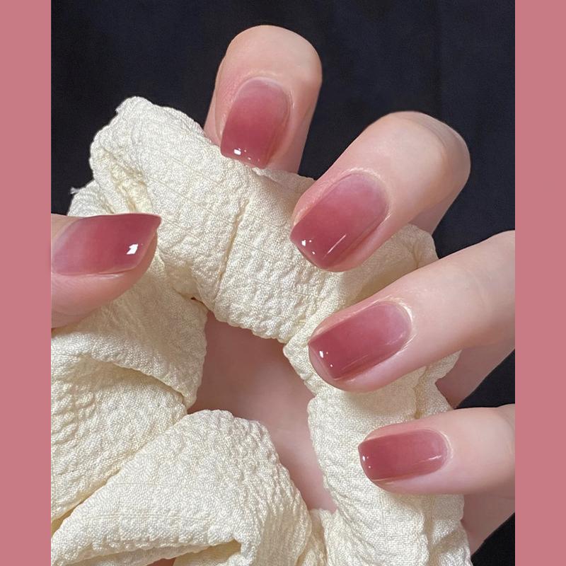 24Pcs Short Gradient Press On Nails With Jelly Glue Elegant Ballet Square Glitter Acrylic Fake Nails Set