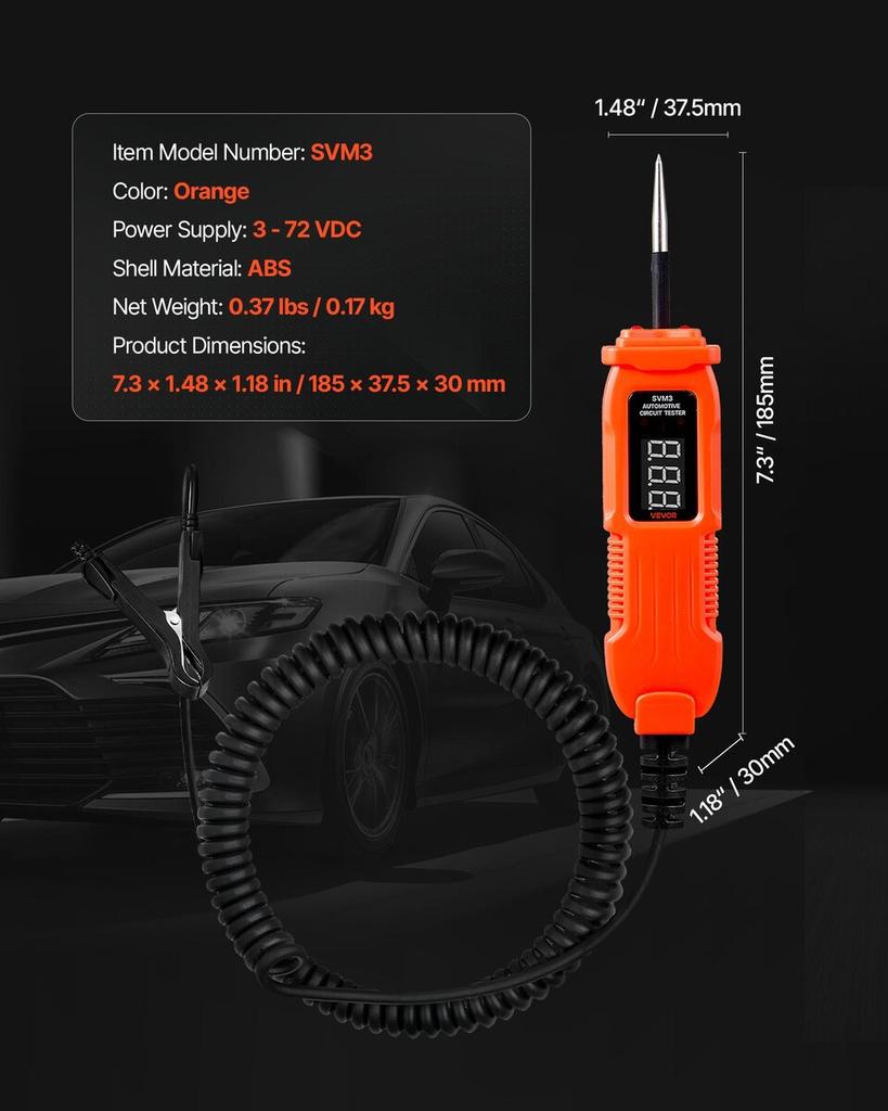 Automotive Circuit Tester, 3 - 72 DCV Power Circuit Probe Tester with LED Screen and Lighting, Automotive Power Tester Probe with 11.5 ft / 3.5 m