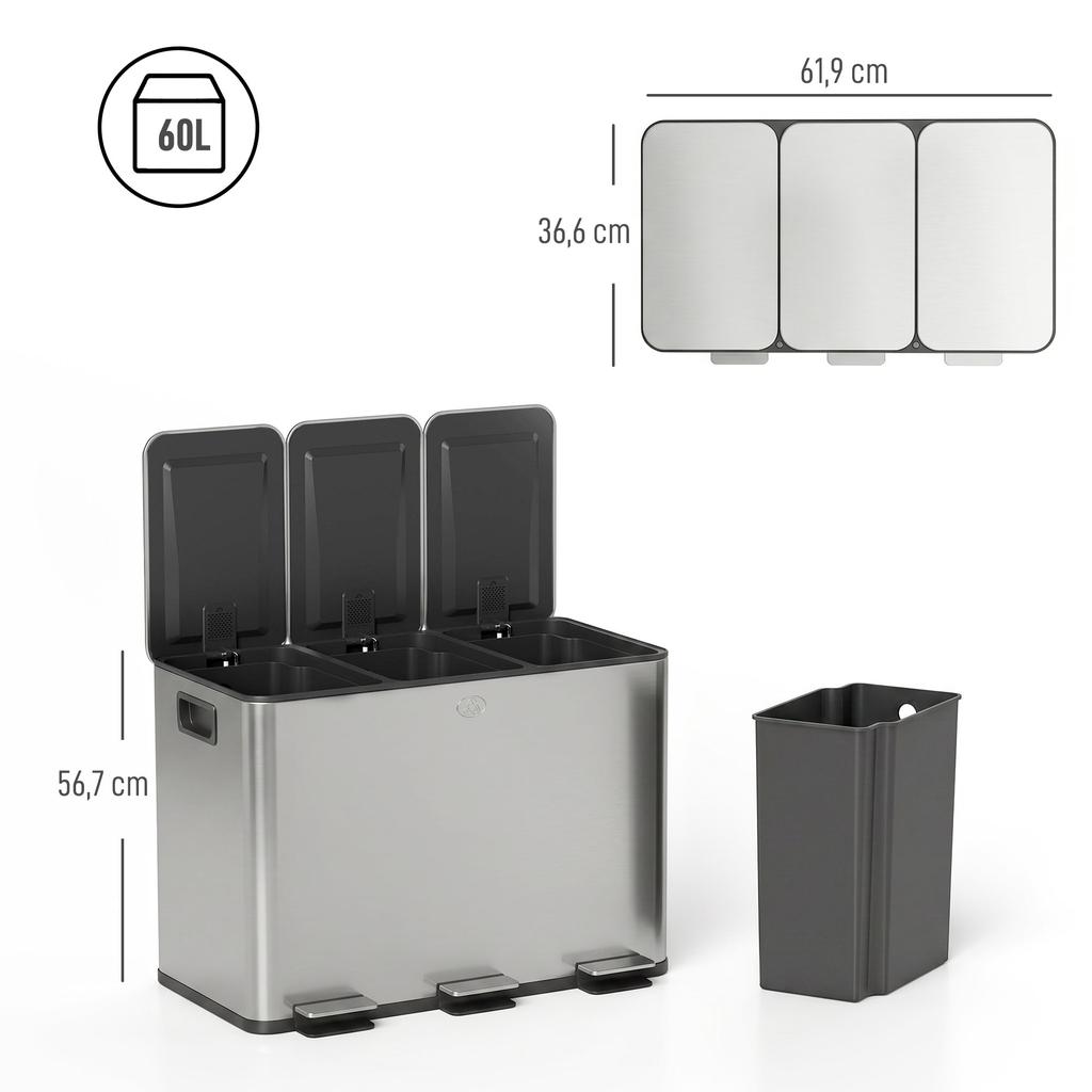 3 x 20L Pedal Bin, Steel Triple Kitchen Bin with Soft Close Lid, Removable Inner Buckets, Fingerprint-Proof, Silver Tone
