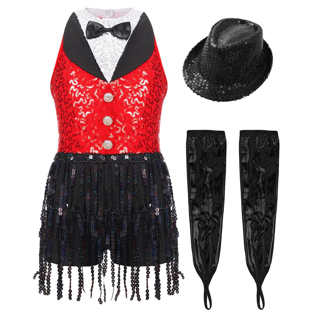 Латинский джазовый танцевальный купальник для девочек, без рукавов, с вырезом-замочной скважиной на спине, с пайетками, кисточками, металлическими перчатками и шапочкой