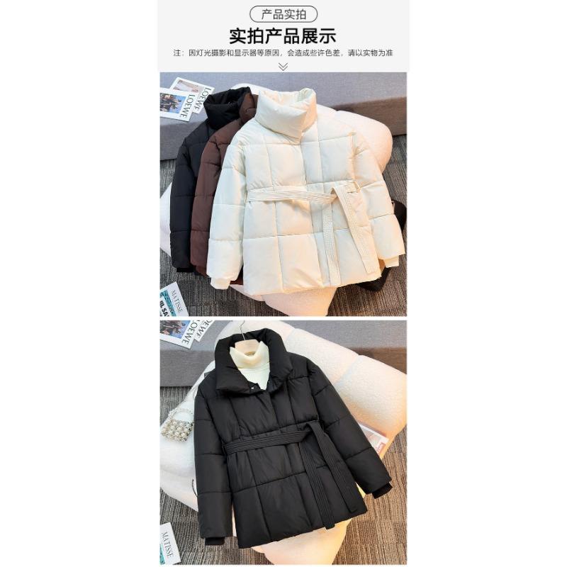 Women Stand Collar Belted Loose Fit Mid Length Long Sleeve Padded Coat Solid Color Winter Outerwear