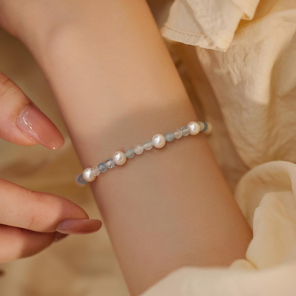 Natural freshwater pearl bracelet, natural aquamarine beaded elastic string bracelet, fresh and stylish fashion jewelry