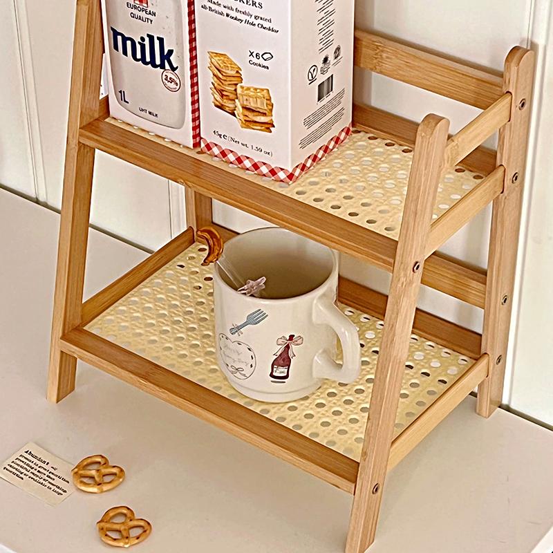 1Set Storage Rack Work Display Rack Kitchen 2-layer Bedroom Cup Holder Vine Weaving Storage Rack