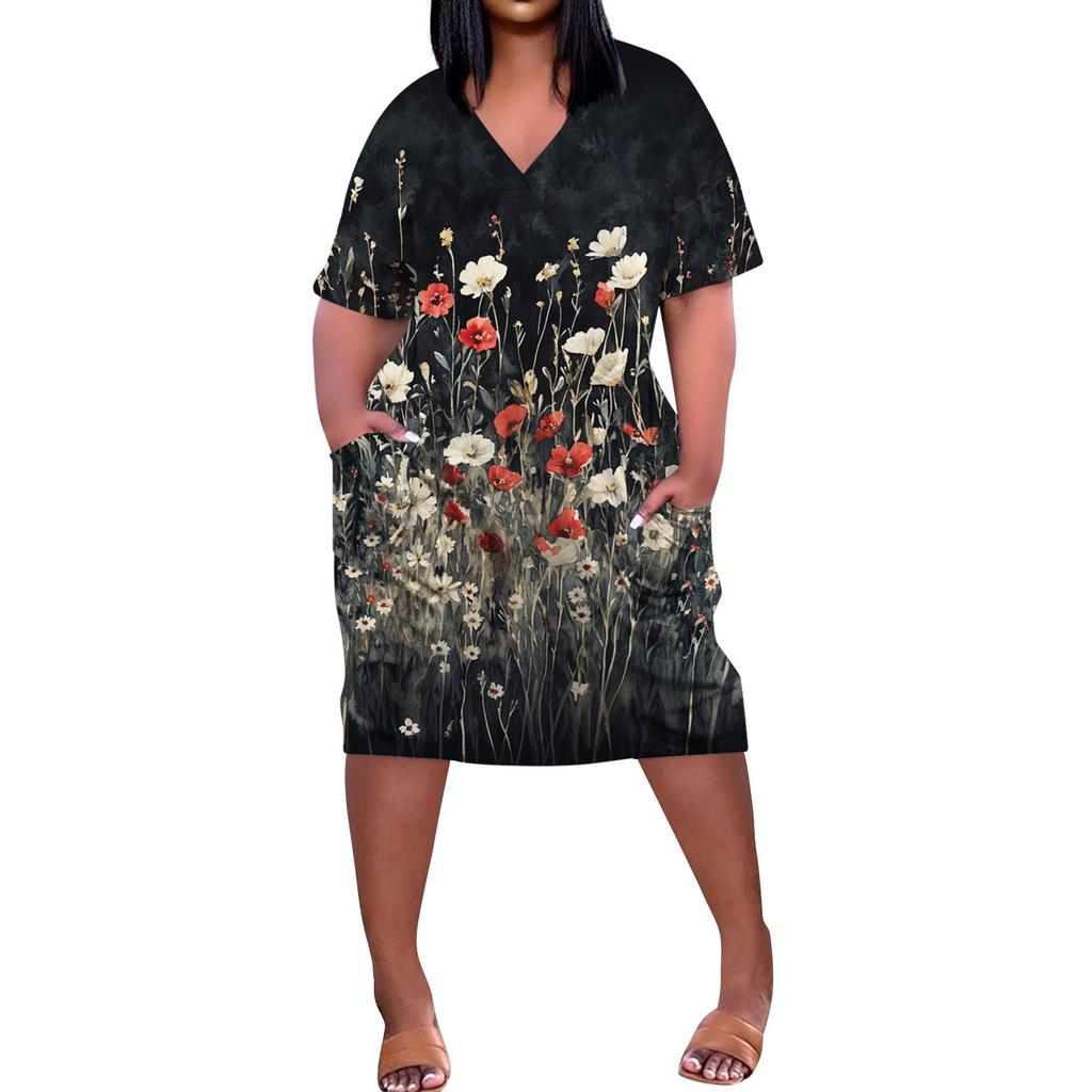 Летнее повседневное платье больших размеров с V-образным вырезом и коротким рукавом, карманом на колене для женщин