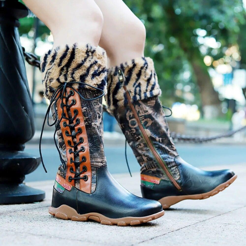 Johnature Длинные сапоги из натуральной кожи с принтом в стиле пэчворк, модная универсальная женская обувь с меховым воротником и леопардовым принтом