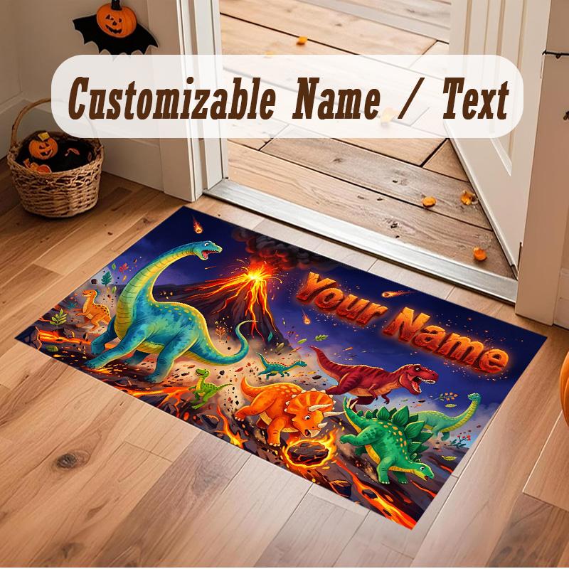Dinosaur Theme Soft Crystal Velvet Rug Custom Name & Text Print Non Slip Floor Rug for Bedroom Living Room